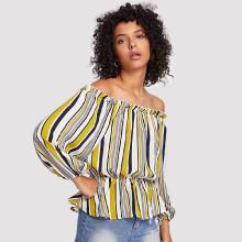 Shein Ruffle Hem Striped Bardot Top