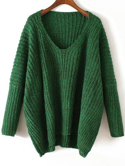 Shein V Neck Chunky Knit Green Dolman Sweater