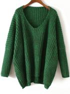 Shein V Neck Chunky Knit Green Dolman Sweater