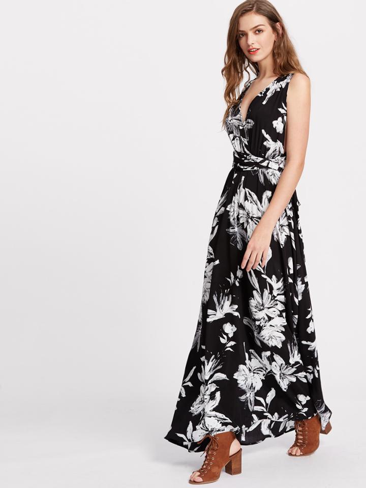 Shein Flower Print Criss Cross Back Infinity Wrap Dress