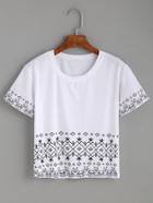 Shein White Tribal Print Crop T-shirt