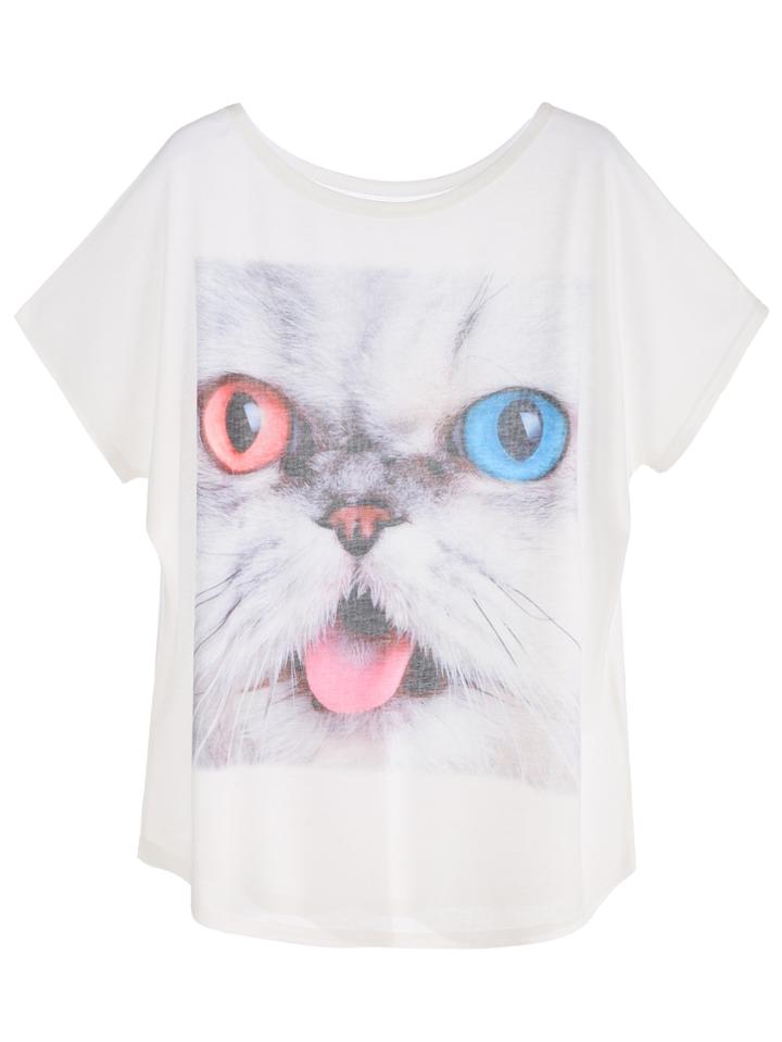 Shein White Cat Print Dolman Sleeve T-shirt