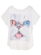 Shein White Cat Print Dolman Sleeve T-shirt