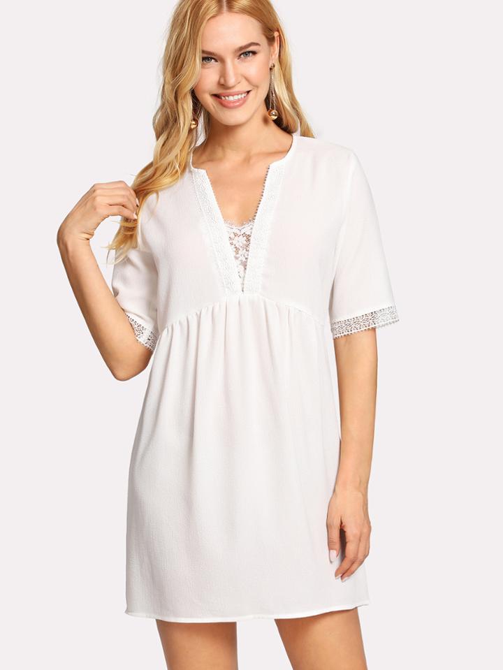 Shein Plunge Neck Lace Panel Smock Dress