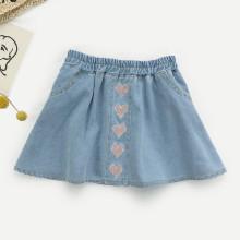Shein Girls Heart Embroidery Denim Skirt