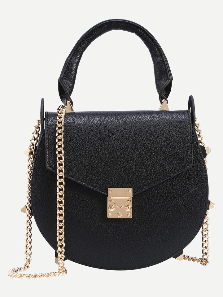 Shein Studded Handle Saddle Bag With Chain - Black