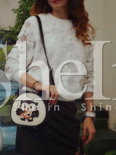 Shein White Crew Neck Eyelet Applique Sweatshirt