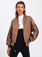 Shein Letter Embroidered Batwing Sleeve Zip Up Jacket