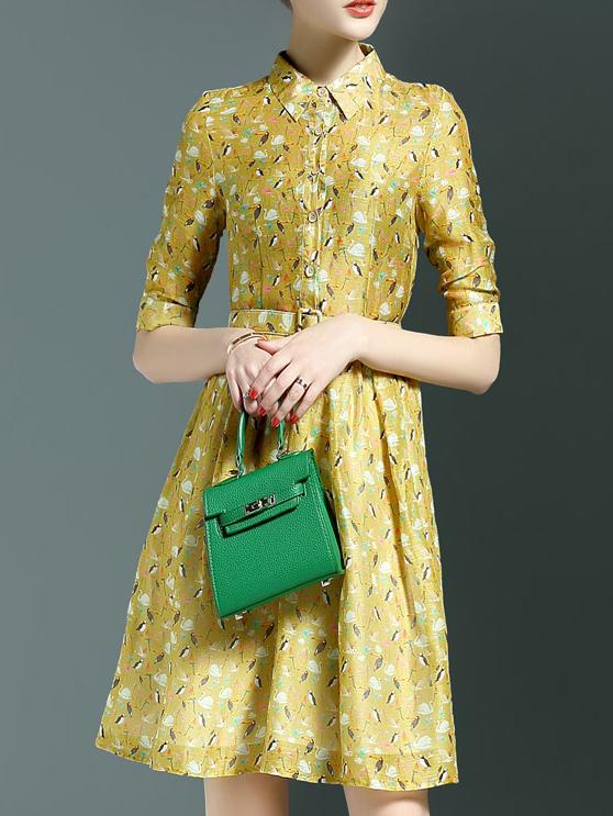 Shein Yellow Lapel Belted Floral A-line Dress