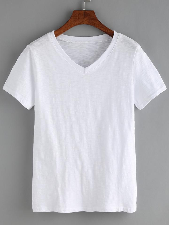 Shein Round V Neck Simple White T-shirt