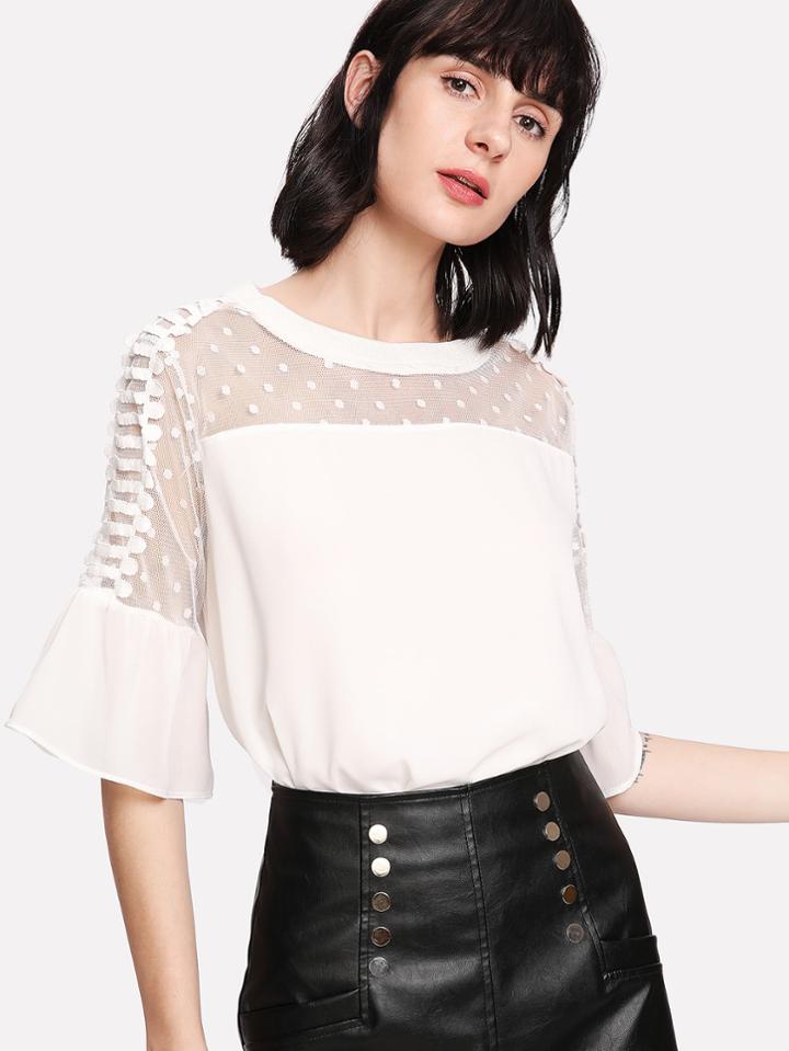 Shein Flounce Sleeve Mesh Contrast Blouse
