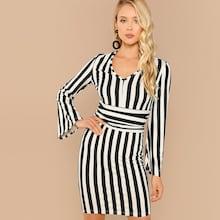 Shein Plunging Neck Bell Sleeve Striped Dress