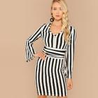Shein Plunging Neck Bell Sleeve Striped Dress