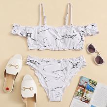 Shein Lettuce Hem Marble Print Bikini Set