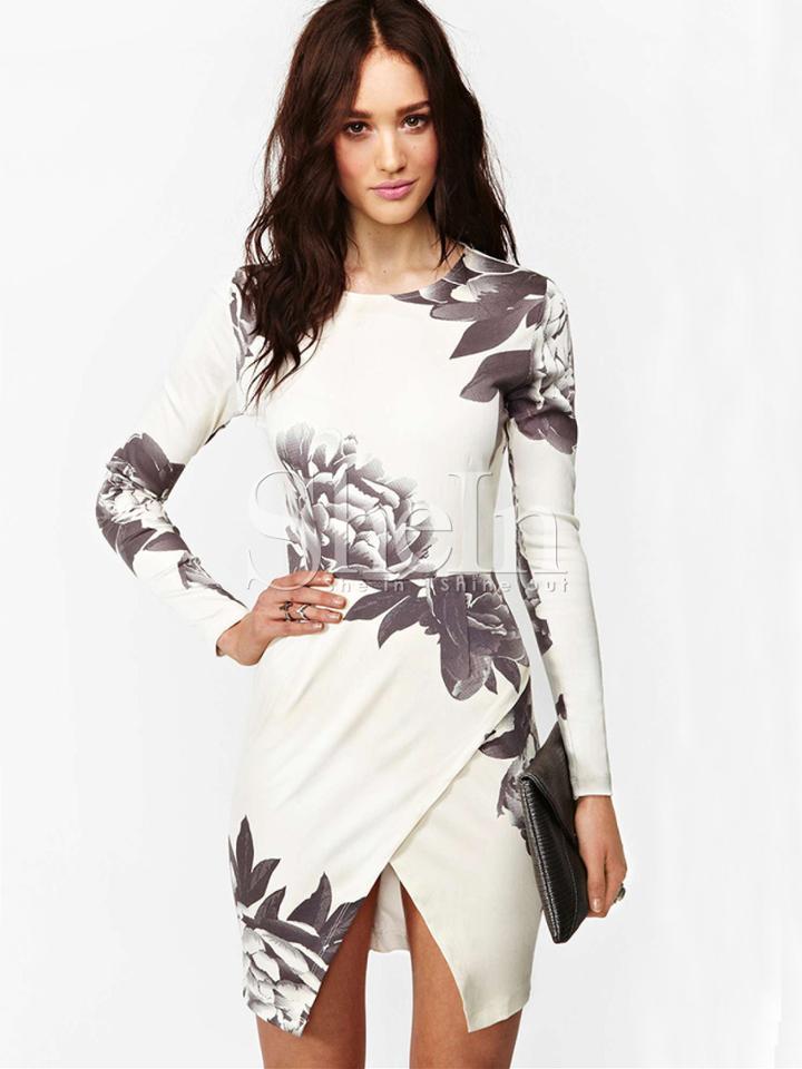 Shein White Long Sleeve Random Patterns Hibiscus Floral Print Wrap Dress