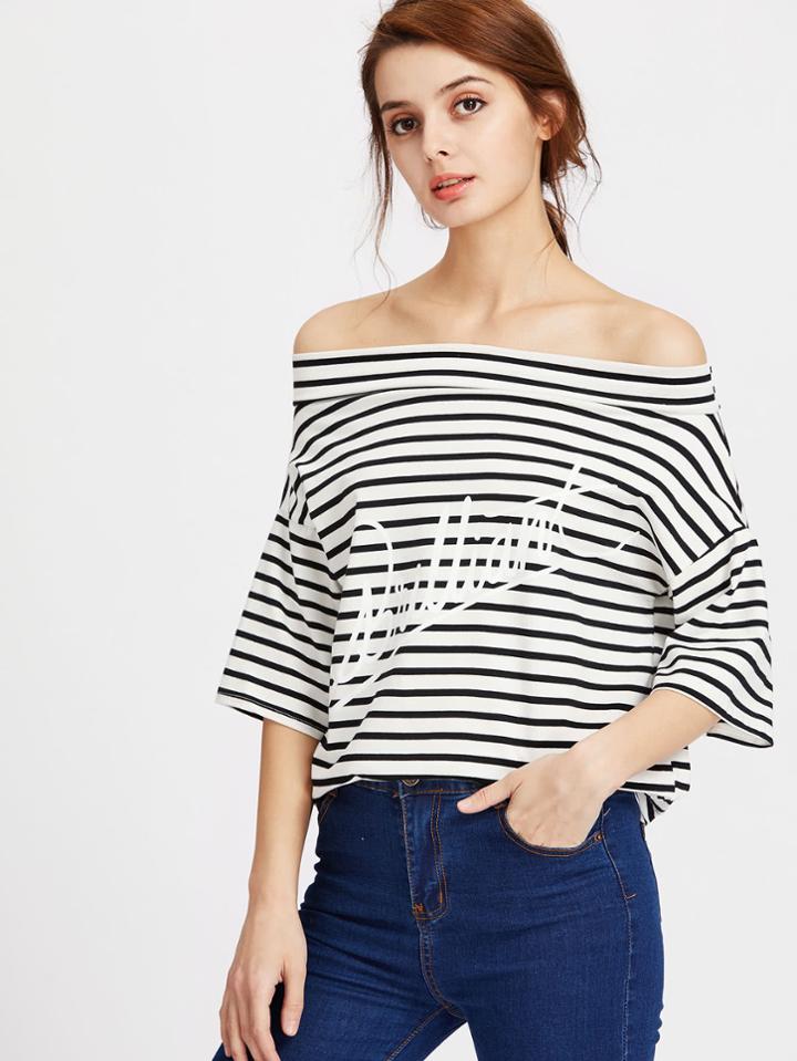 Shein Contrast Striped Off Shoulder Tee