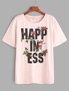Shein Letter Print Flower Embroidered Tee