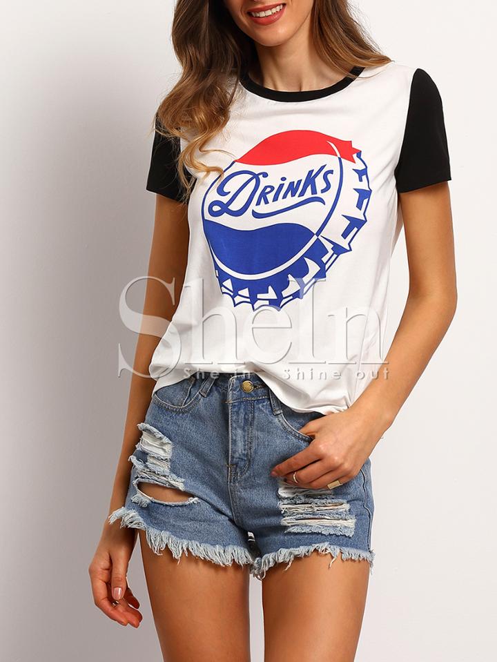 Shein White Short Sleeve Print Casual T-shirt