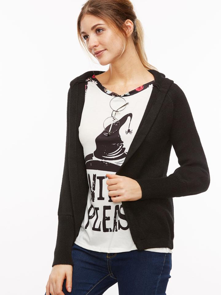 Shein Black Raglan Sleeve Hooded Sweater Coat