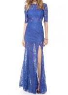 Rosewe Elegant Open Back Slit Design Half Sleeve Blue Dress