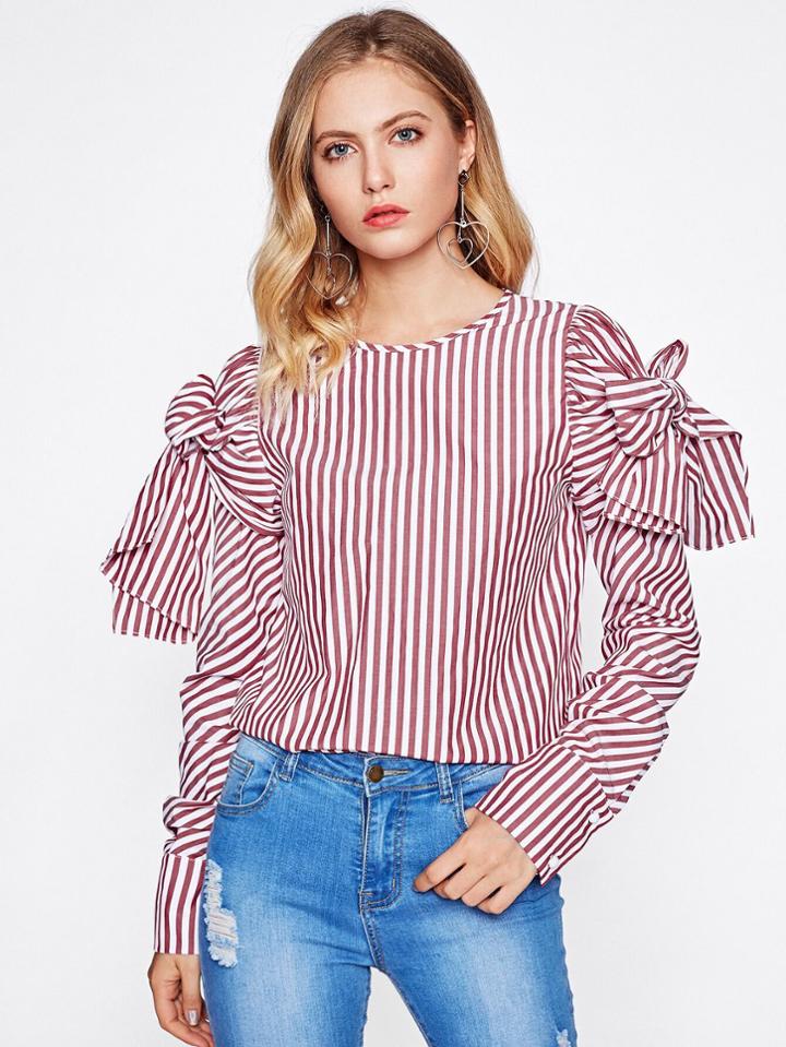 Shein Bow Tie Sleeve Striped Blouse