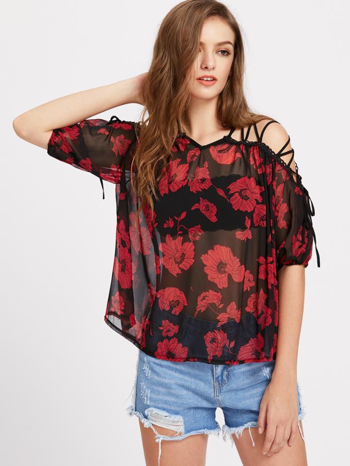 Shein Floral Print Lace Up Shoulder Sheer Chiffon Top