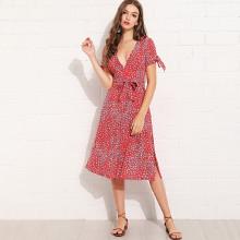 Shein Plunging Neck Knot Detail Slit Hem Daisy Dress