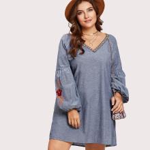 Shein Plus Embroidery Bishop Sleeve Swing Dress