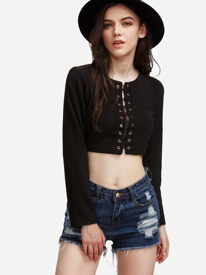 Shein Black Eyelet Lace Up Crop Top