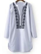 Shein Light Blue V Neck Embroidery Stripe Shirt Dress