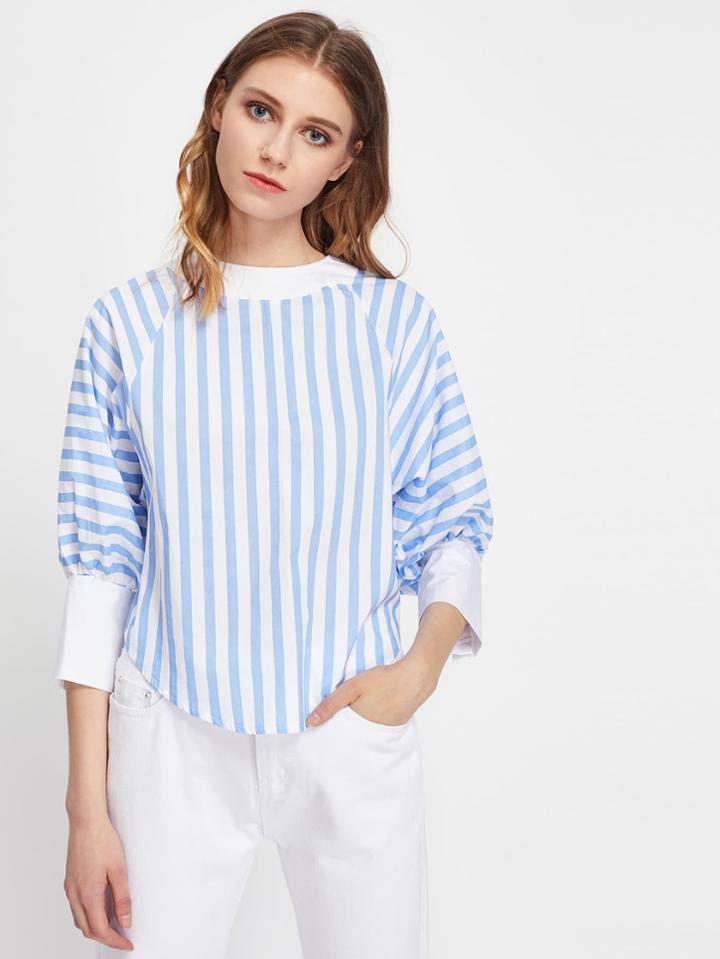 Shein Contrast Stripe Raglan Lantern Sleeve Curved Hem Blouse