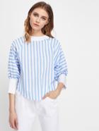 Shein Contrast Stripe Raglan Lantern Sleeve Curved Hem Blouse