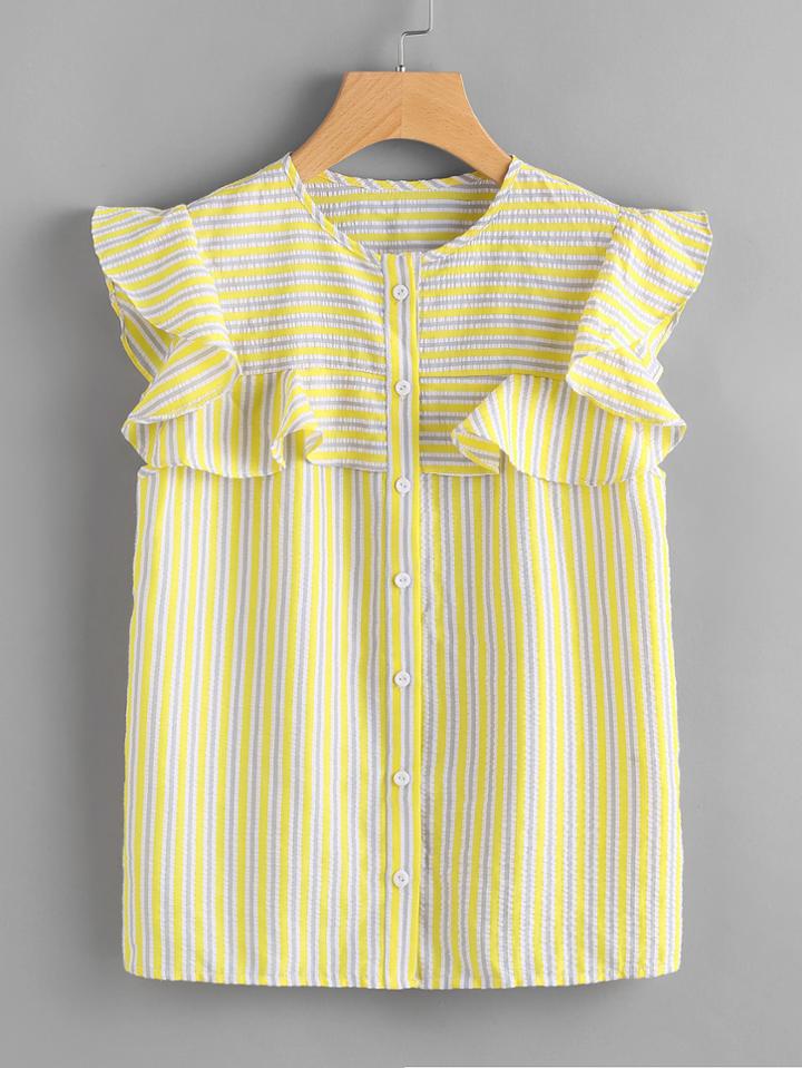 Shein Frilled Yoke Button Up Striped Blouse