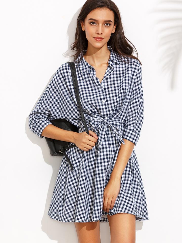 Shein Navy Checkerboard Tie Front Shirt Dress