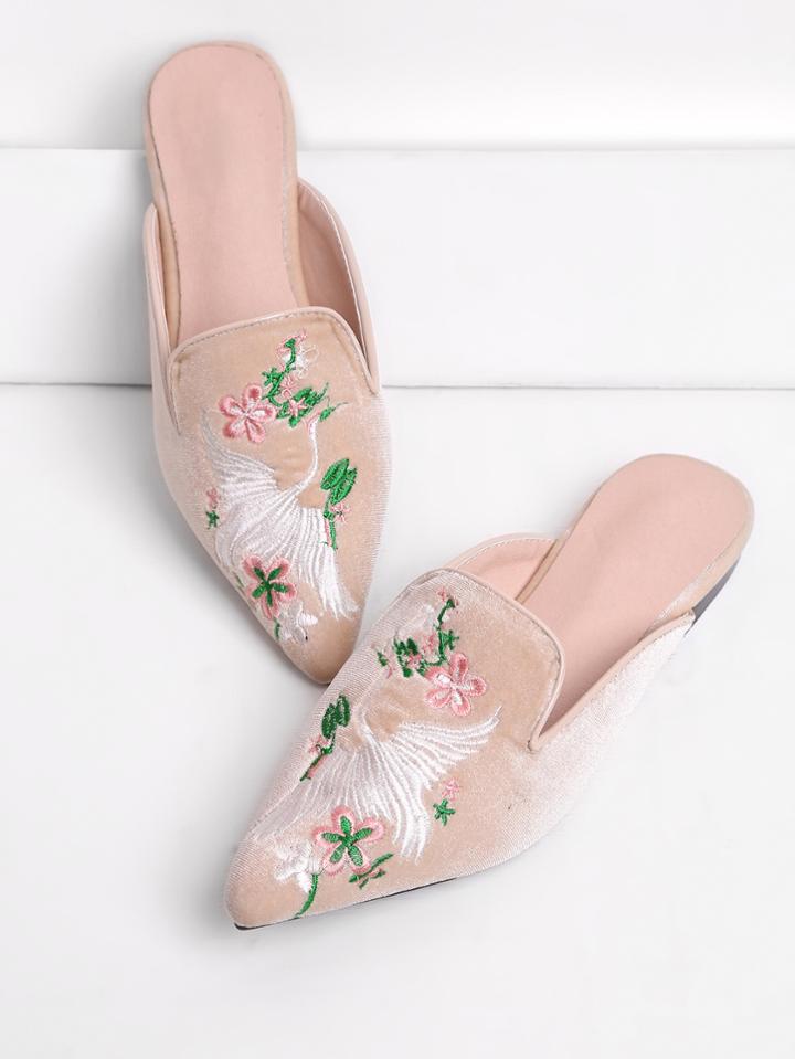 Shein Cranes And Flower Embroidery Flat Mules