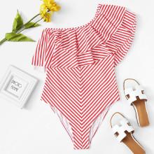 Shein Plus One Shoulder Layered Flounce Foldover Striped Swimsuit