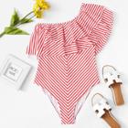 Shein Plus One Shoulder Layered Flounce Foldover Striped Swimsuit