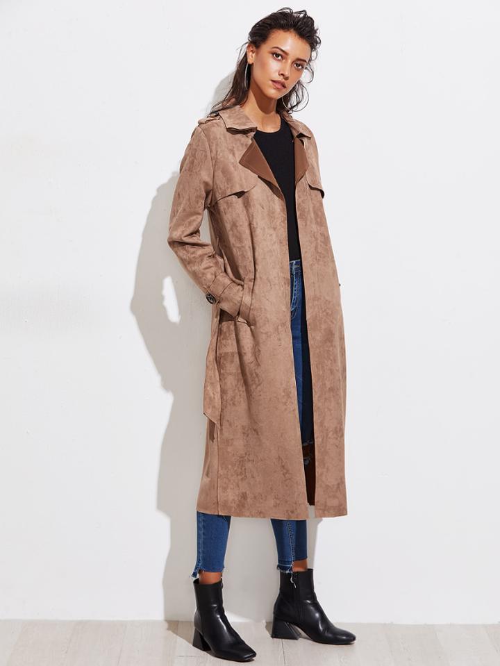 Shein Split Back Suede Long Coat With Belt
