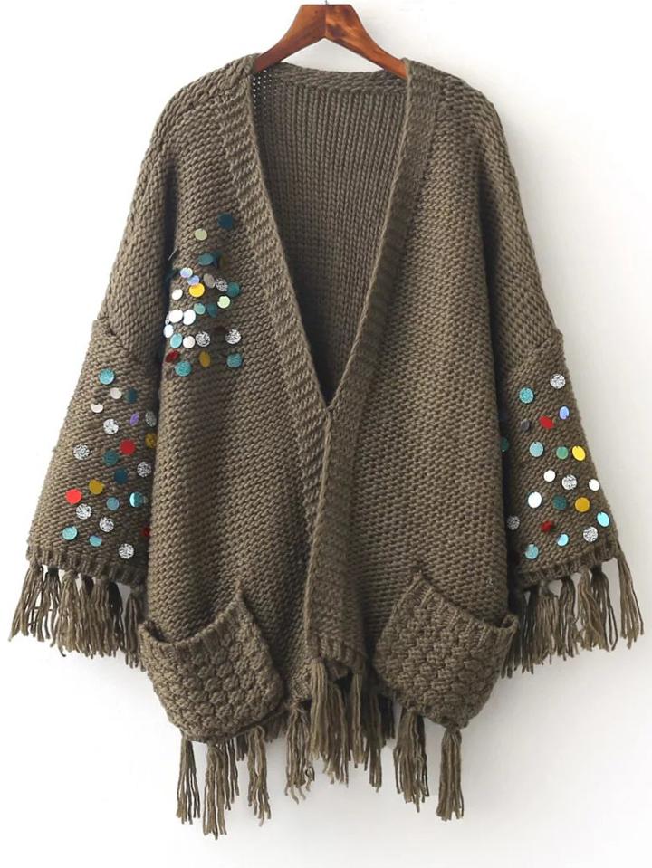 Shein Army Green Sequin Fringe Trim Sweater Coat With Pocket
