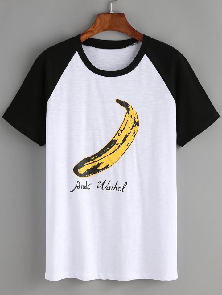 Shein Banana Print Contrast Raglan Sleeve T-shirt