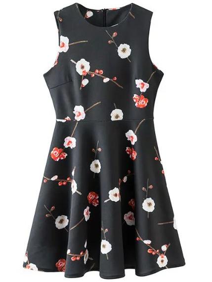 Shein Black High Waist Floral Skater Dress