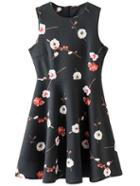 Shein Black High Waist Floral Skater Dress
