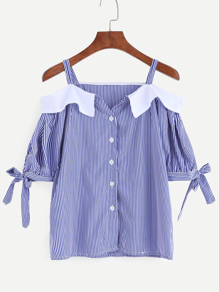 Shein Blue Vertical Striped Cold Shoulder Tie Sleeve Blouse