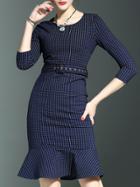 Shein Blue Crew Neck Plaid Belted Frill Dress