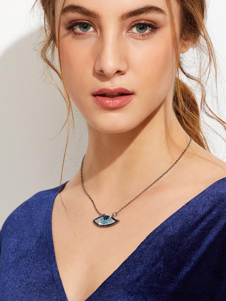 Shein Silver Plated Rhinestone Eye Pendant Necklace