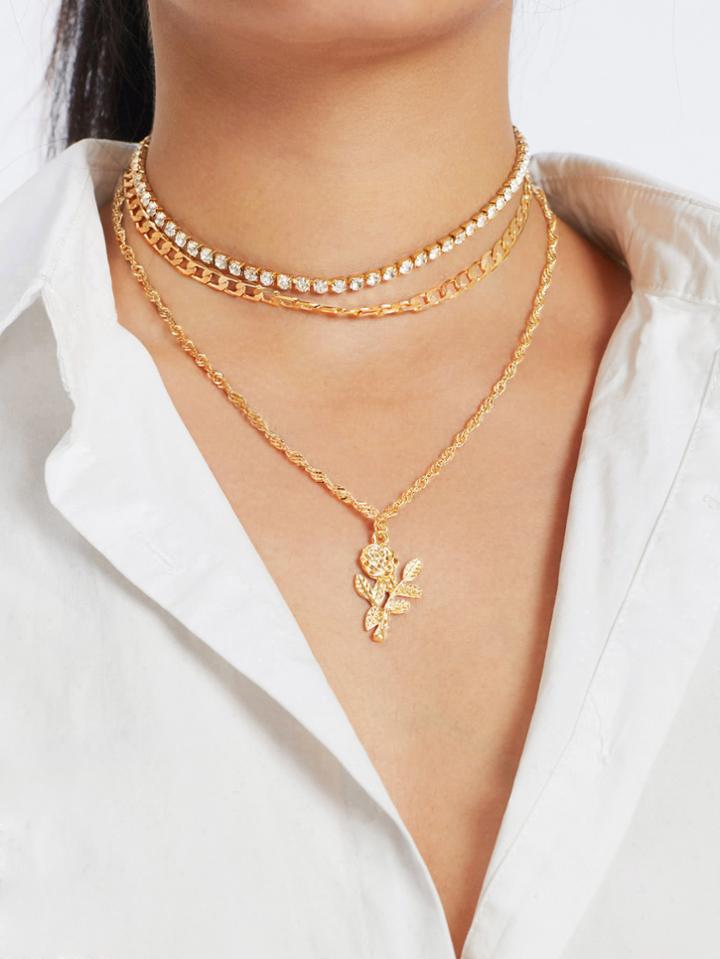 Shein Rose Pendant Chain Necklace Set With Rhinestone