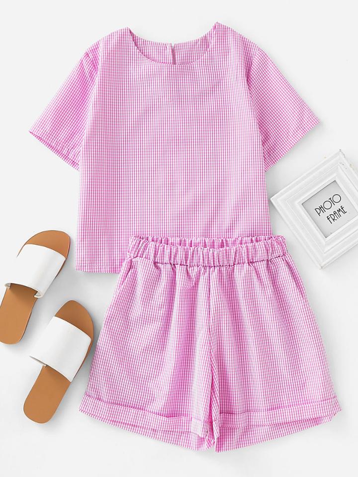Shein Plaid Top With Rolled Hem Shorts