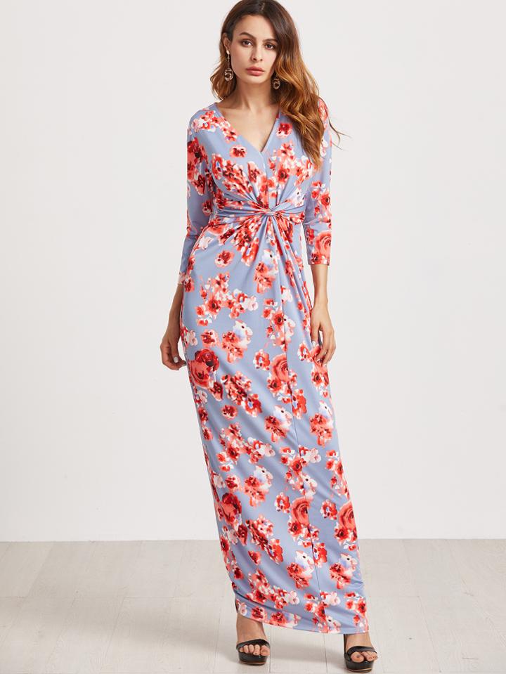 Shein Floral Print V Neck Knot Front Dress