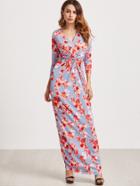 Shein Floral Print V Neck Knot Front Dress