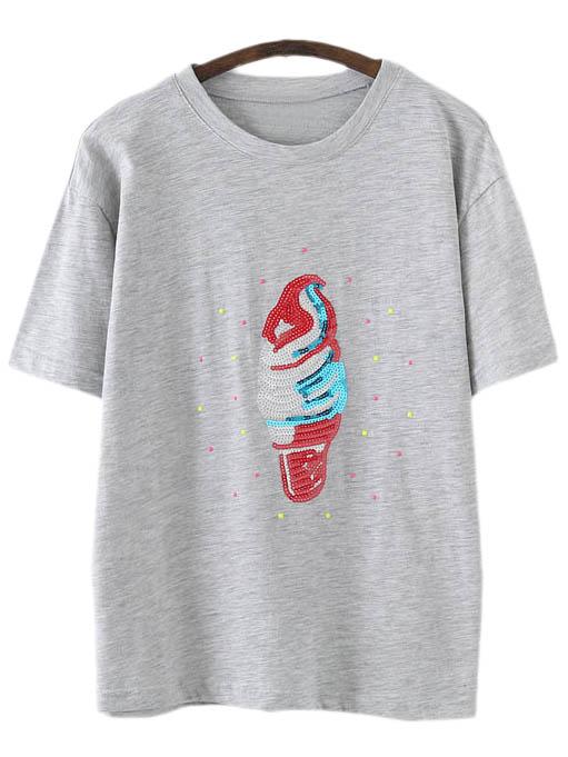 Shein Grey Short Sleeve Ice Cream Sequined T-shirt